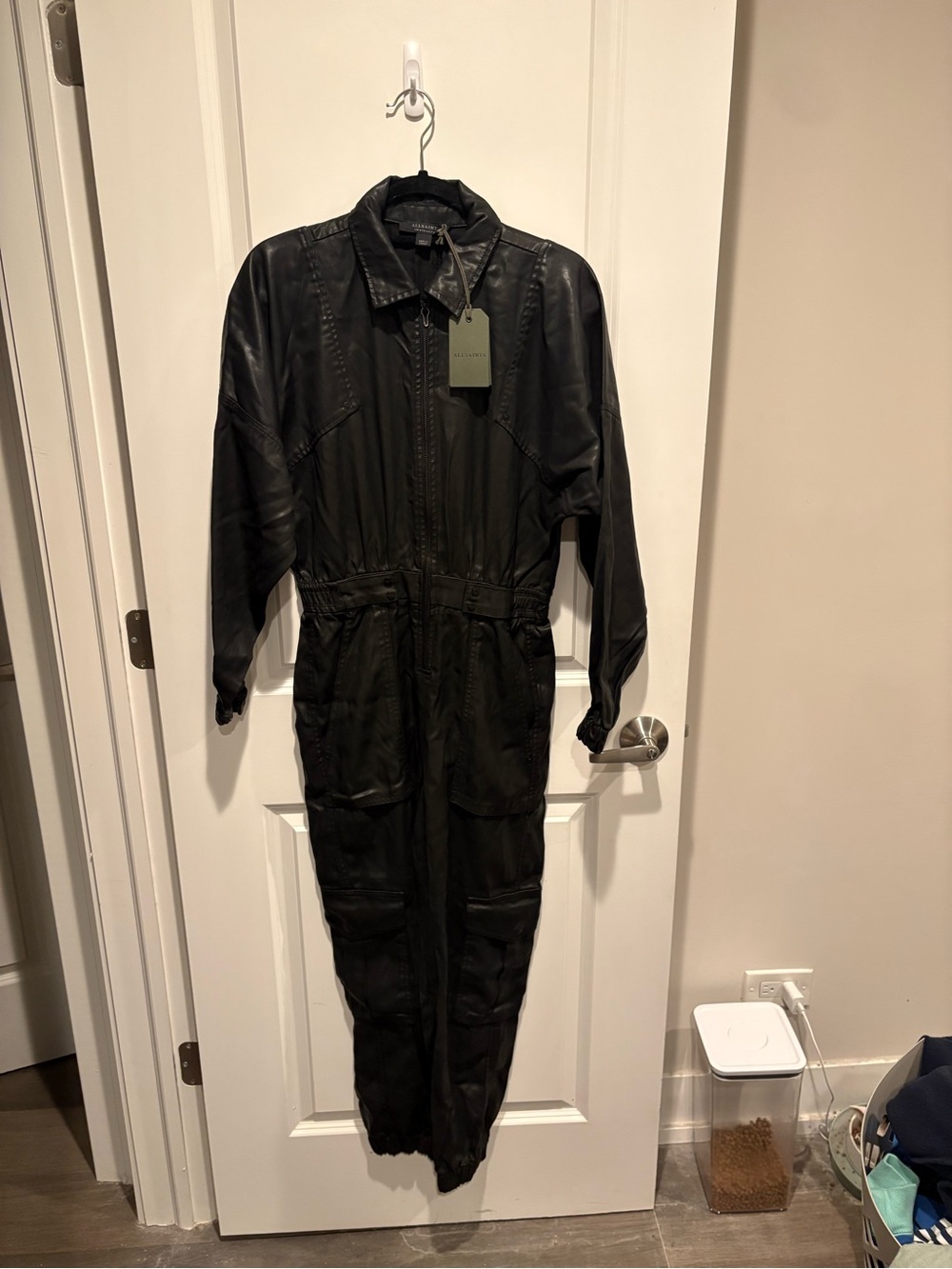 AllSaints Black Leather Jumpsuit Jacket